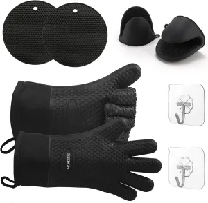 GEEKHOM 8-Piece Silicone Heat Resistant Gloves Set for BBQ, Grilling, Oven & Kitchen, Non-Slip Mitts with Trivet Mats, Hooks & Pinch Grips