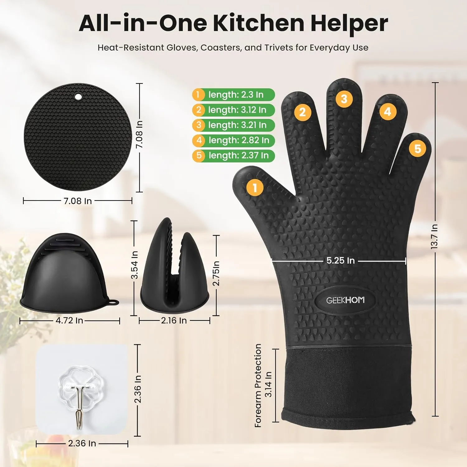 GEEKHOM 8-Piece Silicone Heat Resistant Gloves Set for BBQ, Grilling, Oven & Kitchen, Non-Slip Mitts with Trivet Mats, Hooks & Pinch Grips