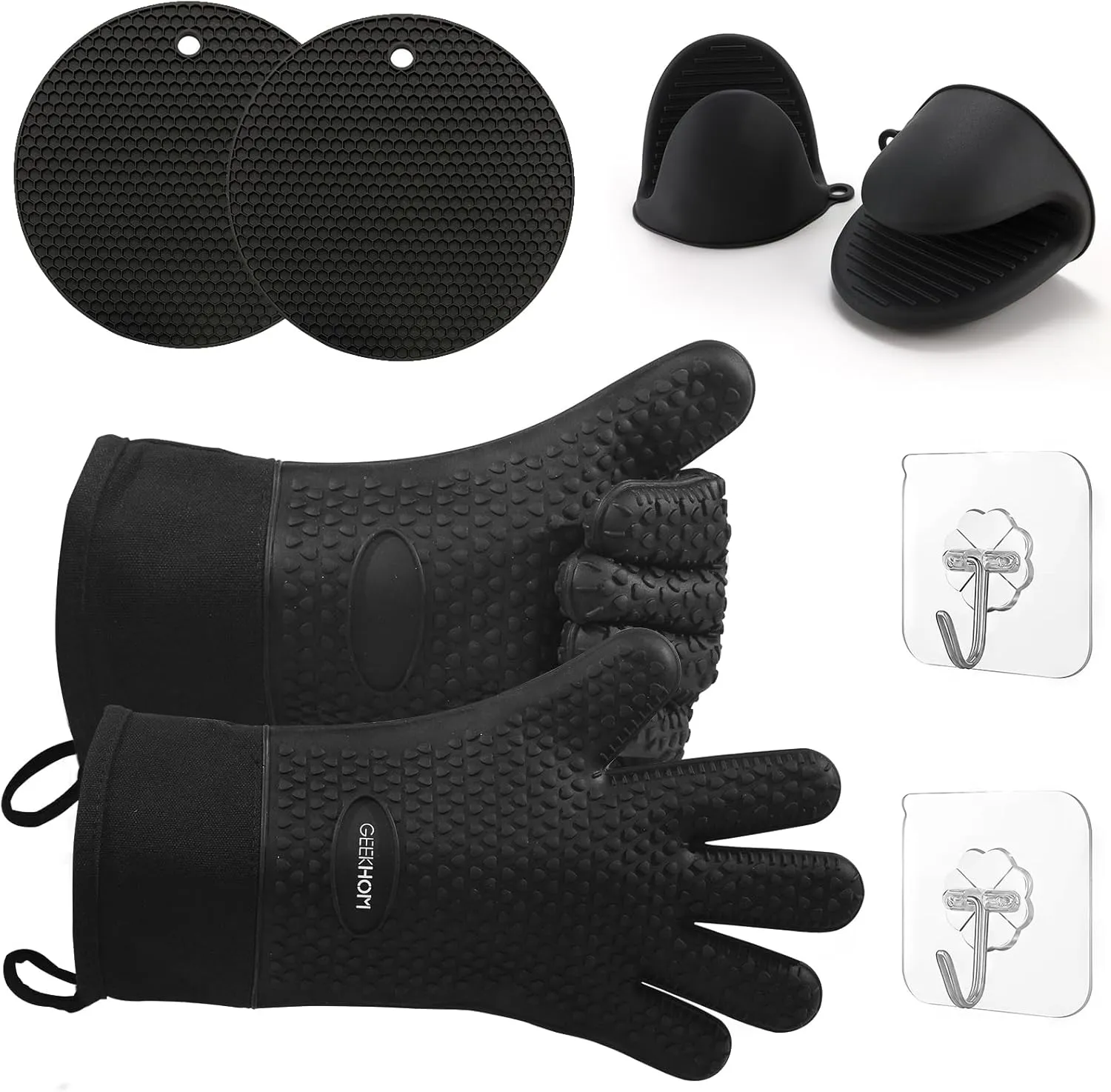 GEEKHOM 8-Piece Silicone Heat Resistant Gloves Set for BBQ, Grilling, Oven & Kitchen, Non-Slip Mitts with Trivet Mats, Hooks & Pinch Grips