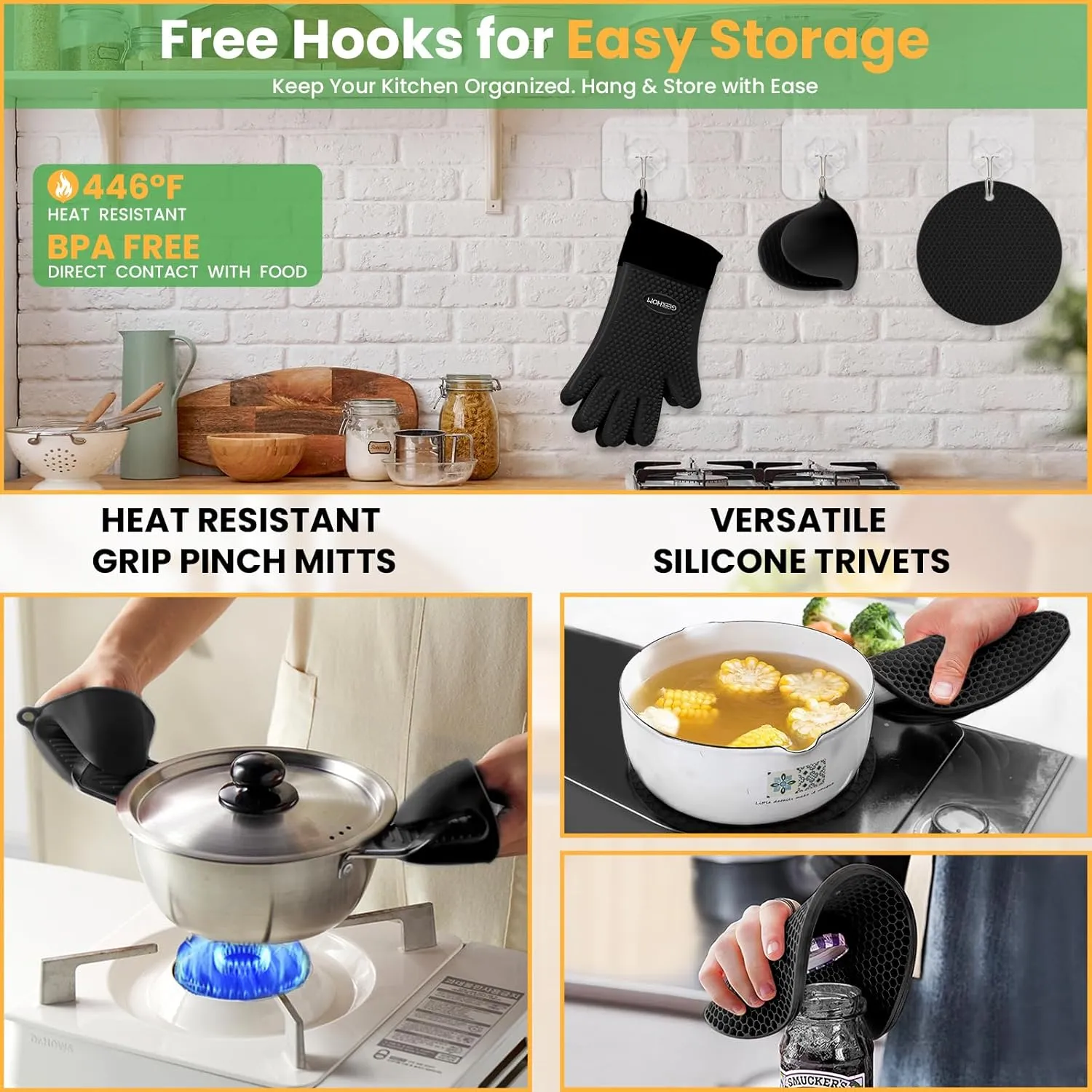 GEEKHOM 8-Piece Silicone Heat Resistant Gloves Set for BBQ, Grilling, Oven & Kitchen, Non-Slip Mitts with Trivet Mats, Hooks & Pinch Grips
