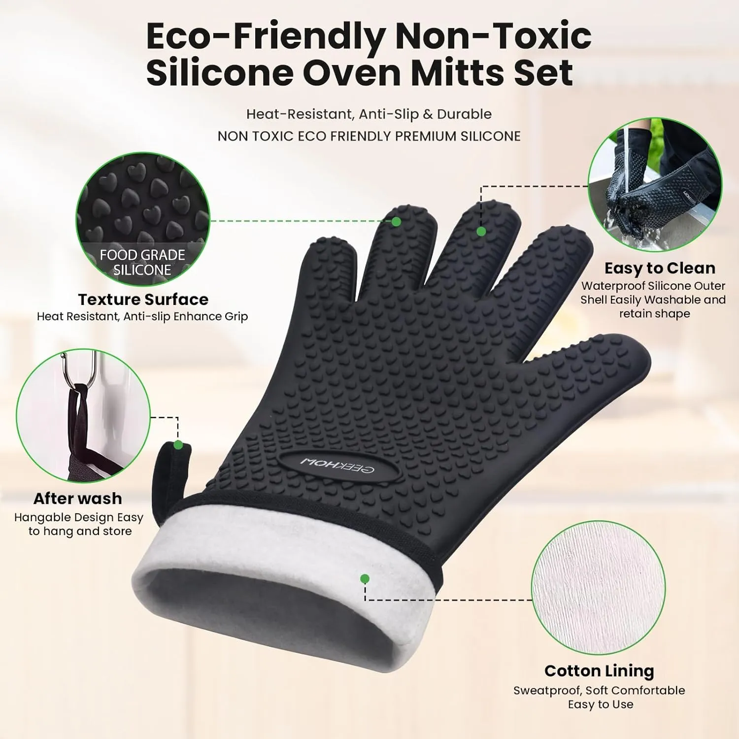 GEEKHOM 8-Piece Silicone Heat Resistant Gloves Set for BBQ, Grilling, Oven & Kitchen, Non-Slip Mitts with Trivet Mats, Hooks & Pinch Grips