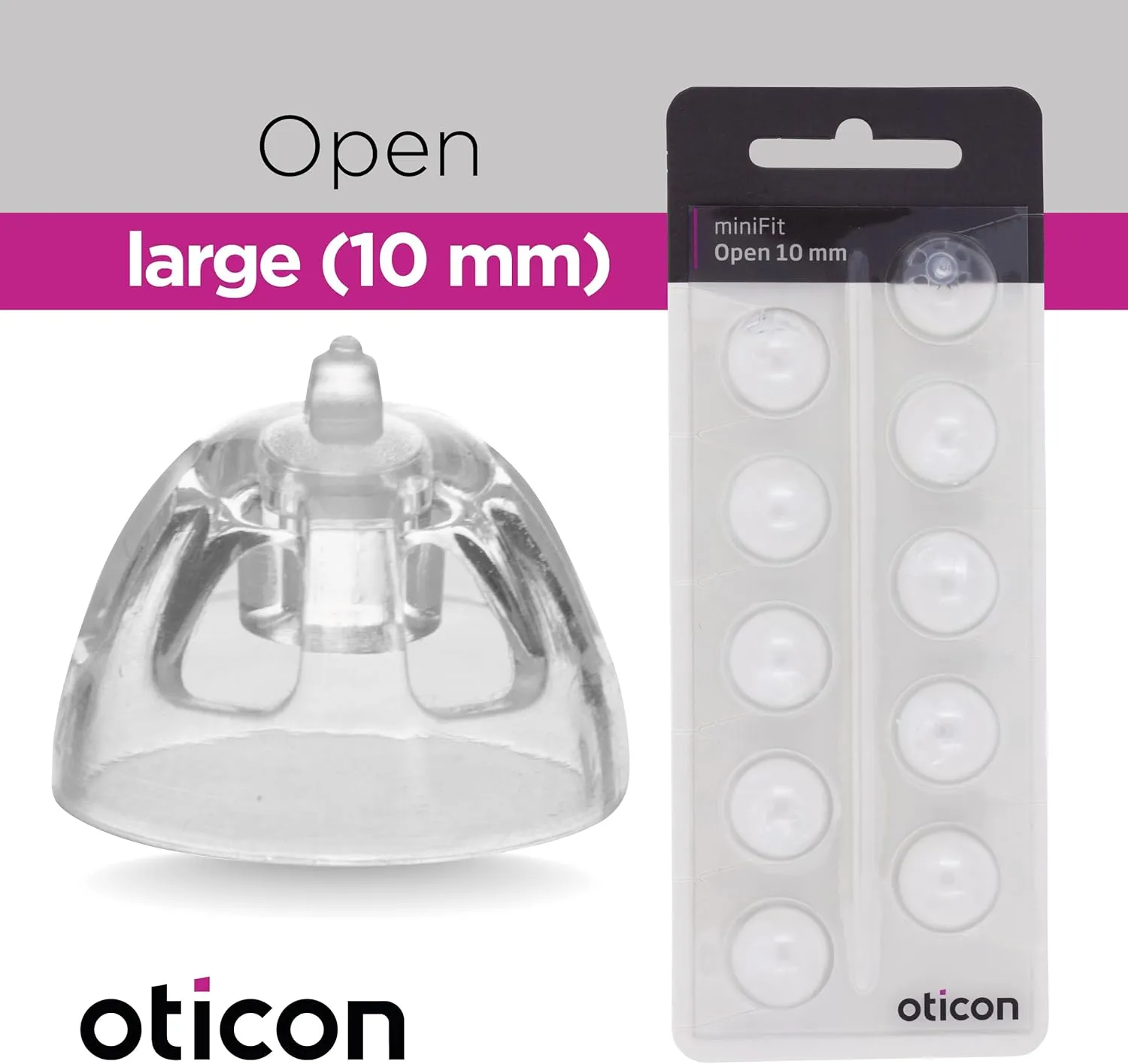 Genuine Oticon Hearing Aid Domes Minifit Open 10mm (0.39 inches - Large), Oticon Branded OEM Denmark Replacements, Authentic Accessories for Optimal Performance -2 Packs / 20 Domes Total