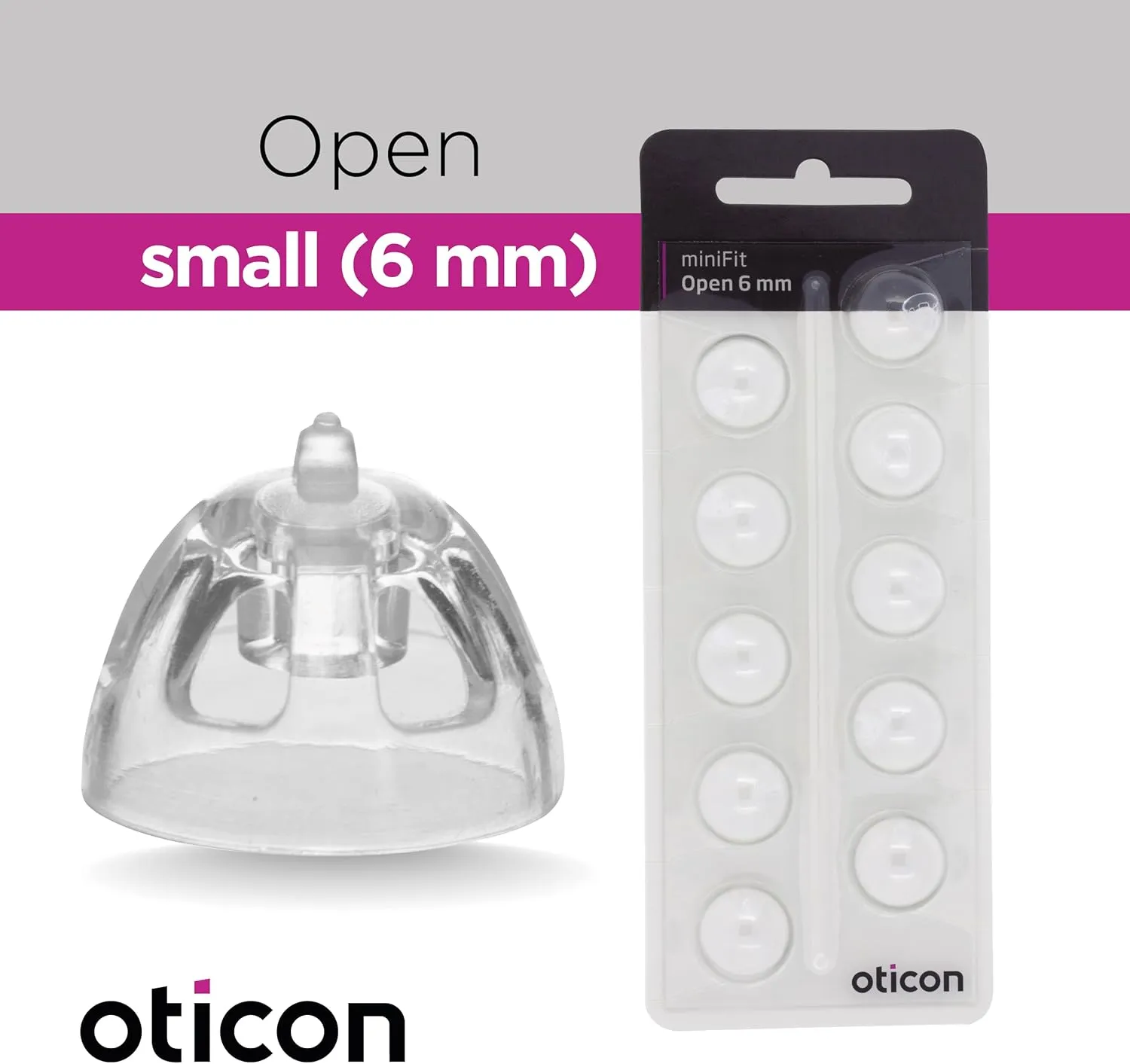 Genuine Oticon Hearing Aid Domes Minifit Open 6mm (0.24 inches - Too Small), Oticon Branded OEM Denmark Replacements, Authentic Accessories for Optimal Performance -2 Pack/20 Domes Total