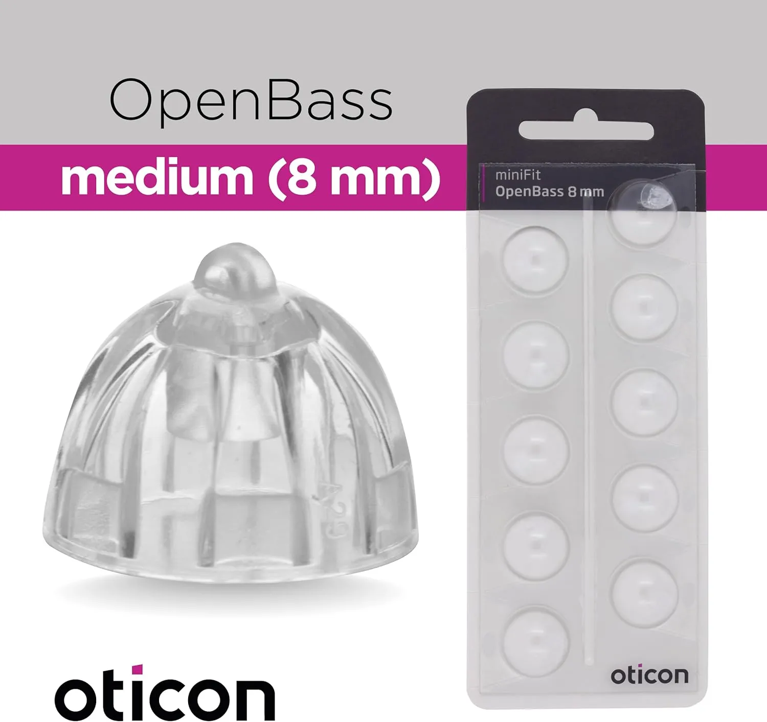 Genuine Oticon Minifit Open Bass 8mm (0.31 inches - Medium) Hearing Aid Domes, OEM Denmark Replacements, Authentic Accessories for Optimal Performance -1 Pack/10 Domes Total
