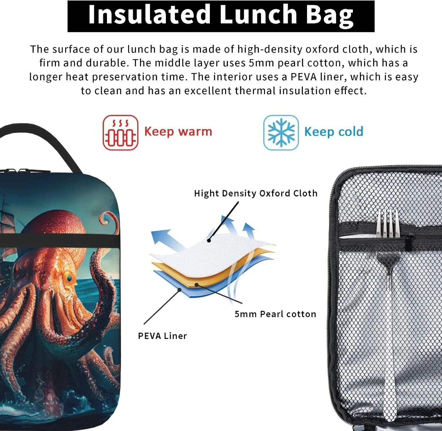 Giant Octopus Lunch Bag for Mens Womens Insulated Reusable Lunch Box with Adjustable Shoulder Strap
