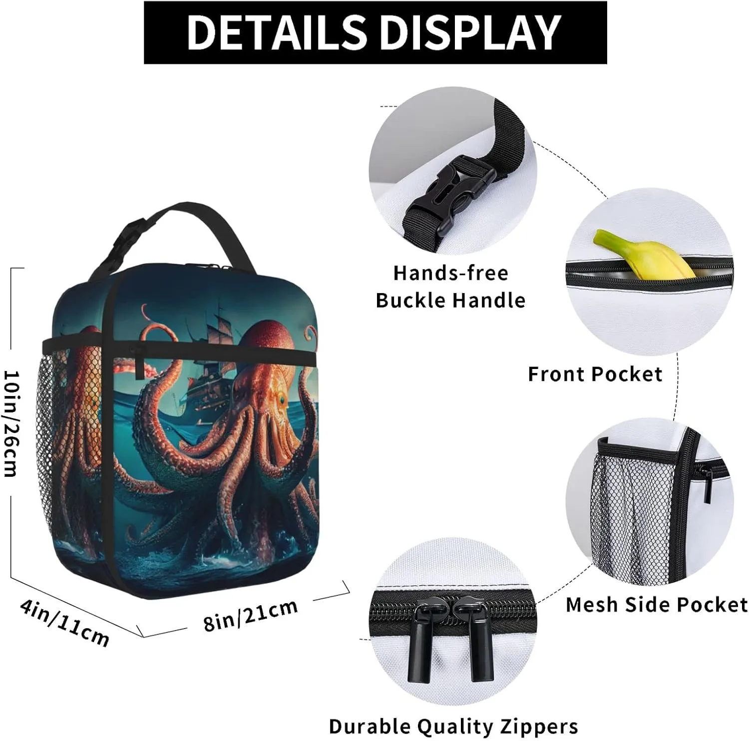 Giant Octopus Lunch Bag for Mens Womens Insulated Reusable Lunch Box with Adjustable Shoulder Strap