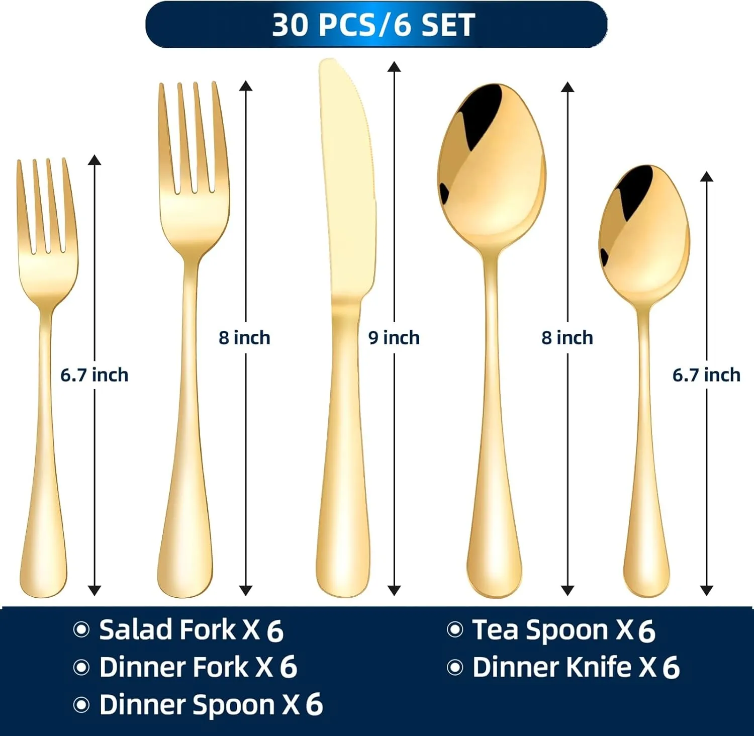 Gold Silverware Set, 30 Piece Flatware Cutlery Set for 6, 18/10 Stainless Steel Silverware, Mirror Polished Cutlery Utensil Set Includes Knife Fork Spoon For Home Kitchen Restaurant Gift