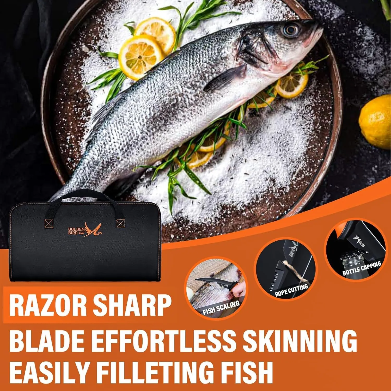 Golden Bird Filleting Knife Set - 5 Pcs Fishing Knife 5Cr15Mov Boning Knives with Protective Sheath, Sharp Blade for Meat Cutting, Non-Slip Handles Knives for with Storage Bag