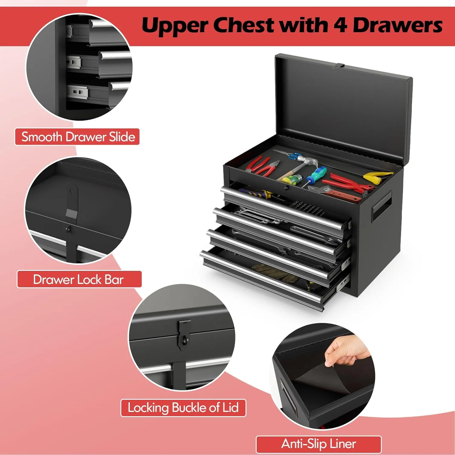 Goplus Tool Chest, 5-Drawer Rolling Cabinet with Detachable Top Toolbox, Lockable Wheels, Lock Bar, Protective Liner & Tool Rack, Metal Storage Cart for Garage Workshop
