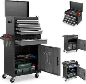 Goplus Tool Chest, 5-Drawer Rolling Cabinet with Detachable Top Toolbox, Lockable Wheels, Lock Bar, Protective Liner & Tool Rack, Metal Storage Cart for Garage Workshop