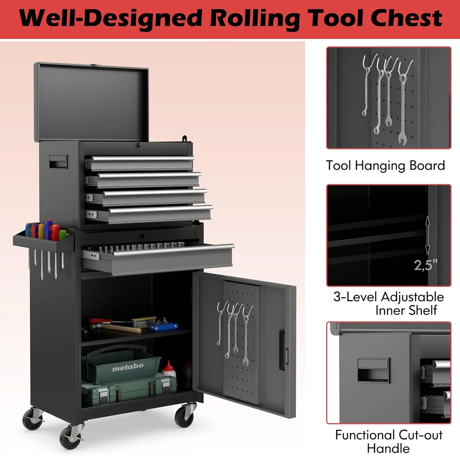 Goplus Tool Chest, 5-Drawer Rolling Cabinet with Detachable Top Toolbox, Lockable Wheels, Lock Bar, Protective Liner & Tool Rack, Metal Storage Cart for Garage Workshop