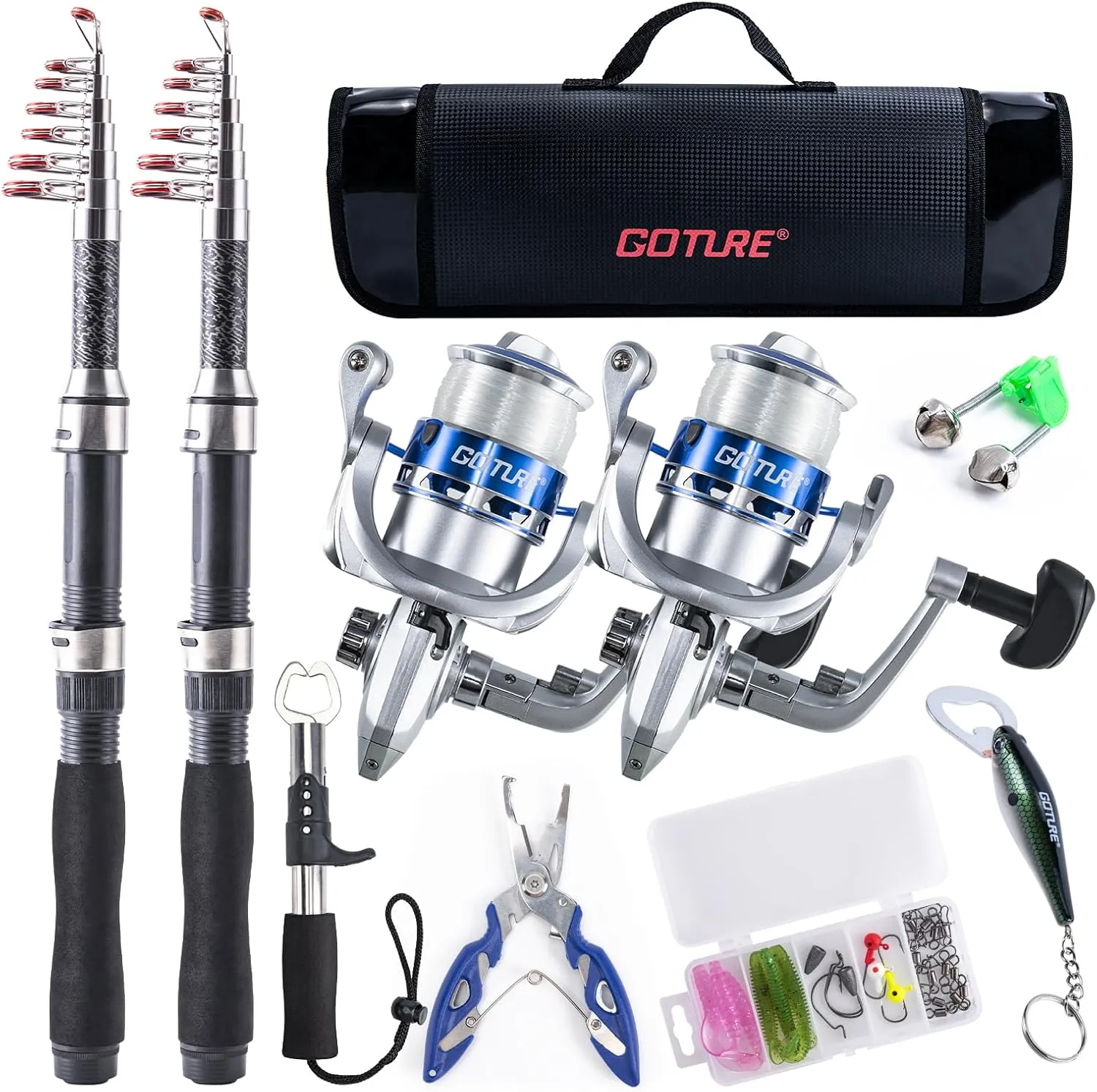 Goture Fishing Rod and Reel Combos-2PCS Telescopic Fishing Pole 2PCS Pre-Loaded Spinning Reels with Carrier Bag,Telescopic Rod Reel Lures Kit for Starter Travel Saltwater Freshwater,Gifts for Men