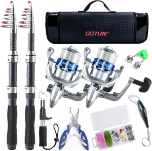 Goture Fishing Rod and Reel Combos-2PCS Telescopic Fishing Pole 2PCS Pre-Loaded Spinning Reels with Carrier Bag,Telescopic Rod Reel Lures Kit for Starter Travel Saltwater Freshwater,Gifts for Men