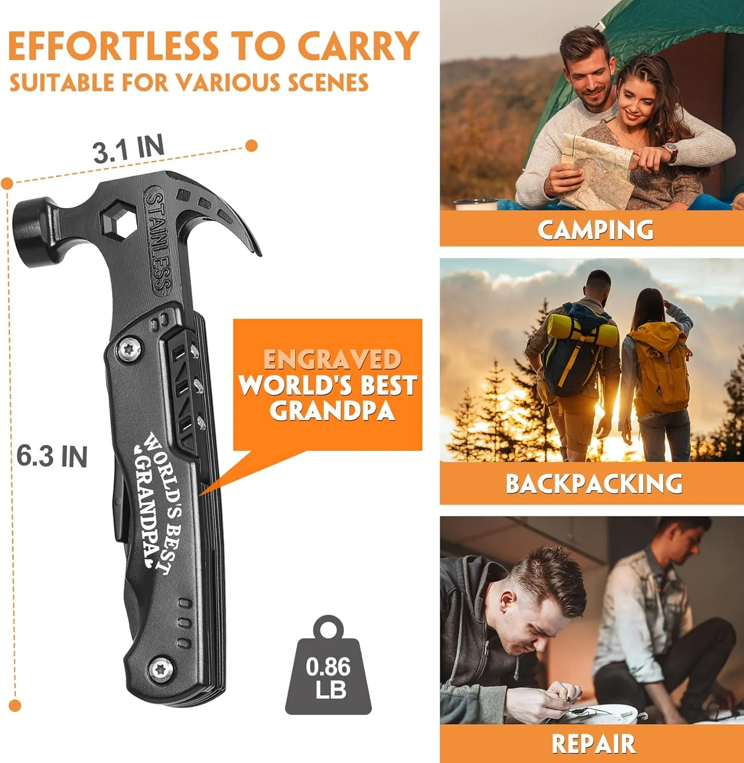 Grandpa Gifts - Grandpa Fathers Day Gift, Gifts for Grandpa - "WORLD'S BEST GRANDPA" 15 in 1 Multitool Hammer - Fathers Day Grandpa Gifts from Grandchildren, Christmas Birthday Gift Ideas for Grandpa