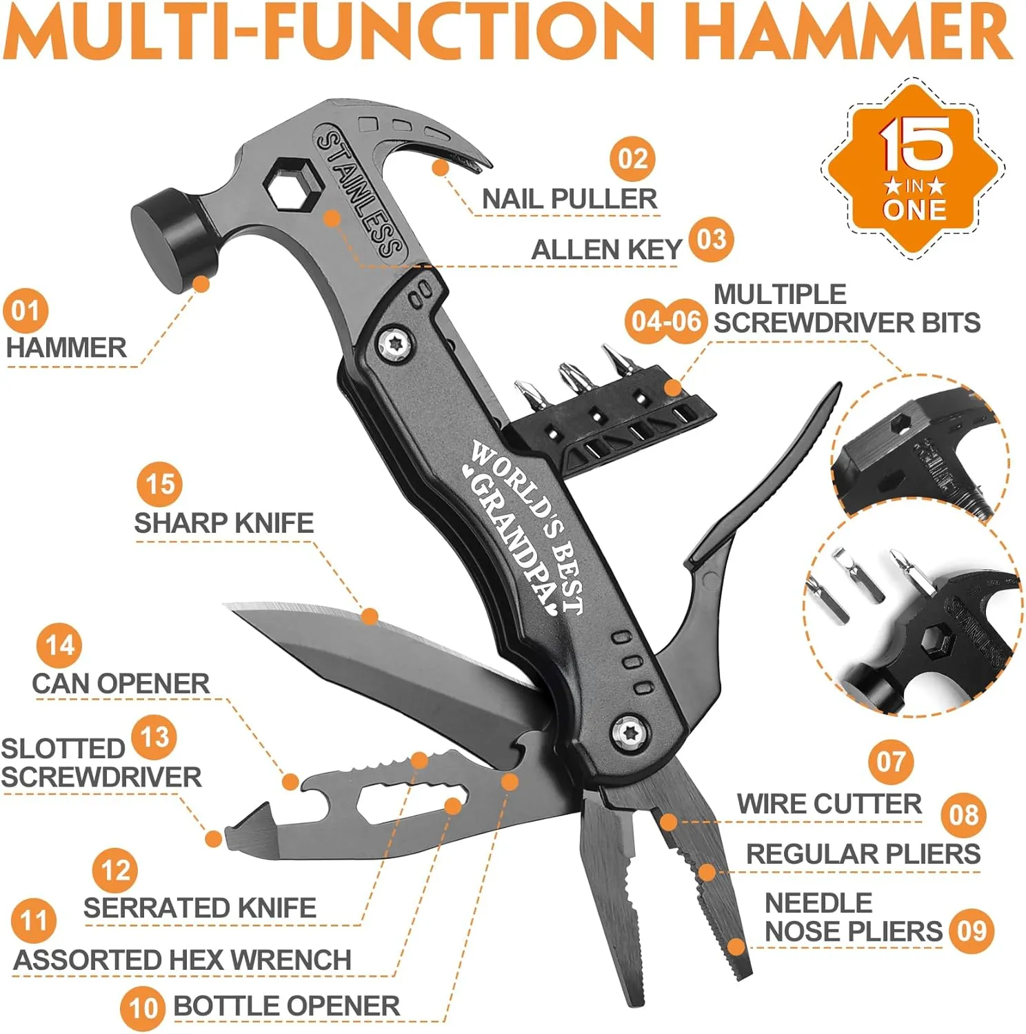 Grandpa Gifts - Grandpa Fathers Day Gift, Gifts for Grandpa - "WORLD'S BEST GRANDPA" 15 in 1 Multitool Hammer - Fathers Day Grandpa Gifts from Grandchildren, Christmas Birthday Gift Ideas for Grandpa