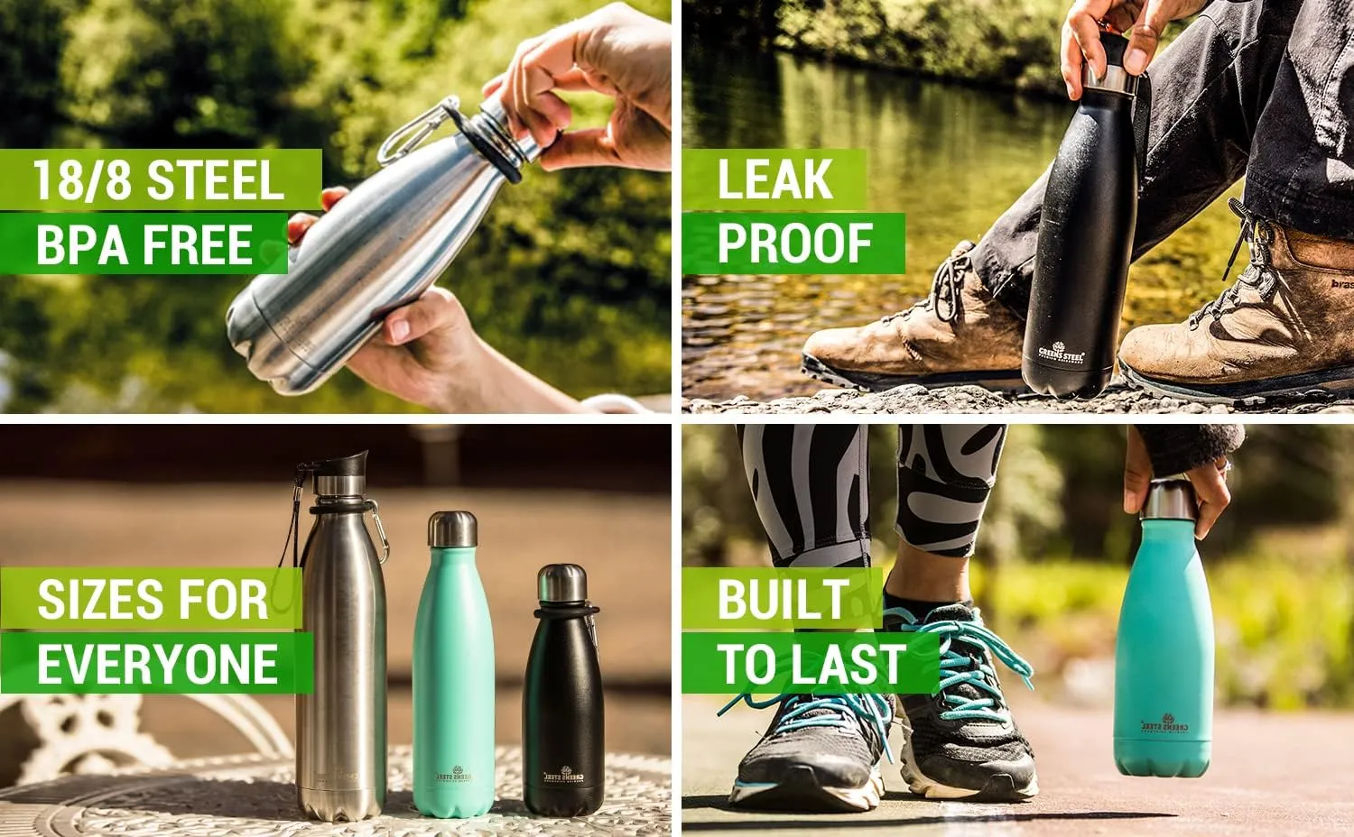 Greens Steel Stainless Steel Water Bottle - 25 oz, Steel | Vacuum Insulated Double Wall with Screw Lid/Leak Proof | Thermal Travel Sports Canteen Coffee Flask