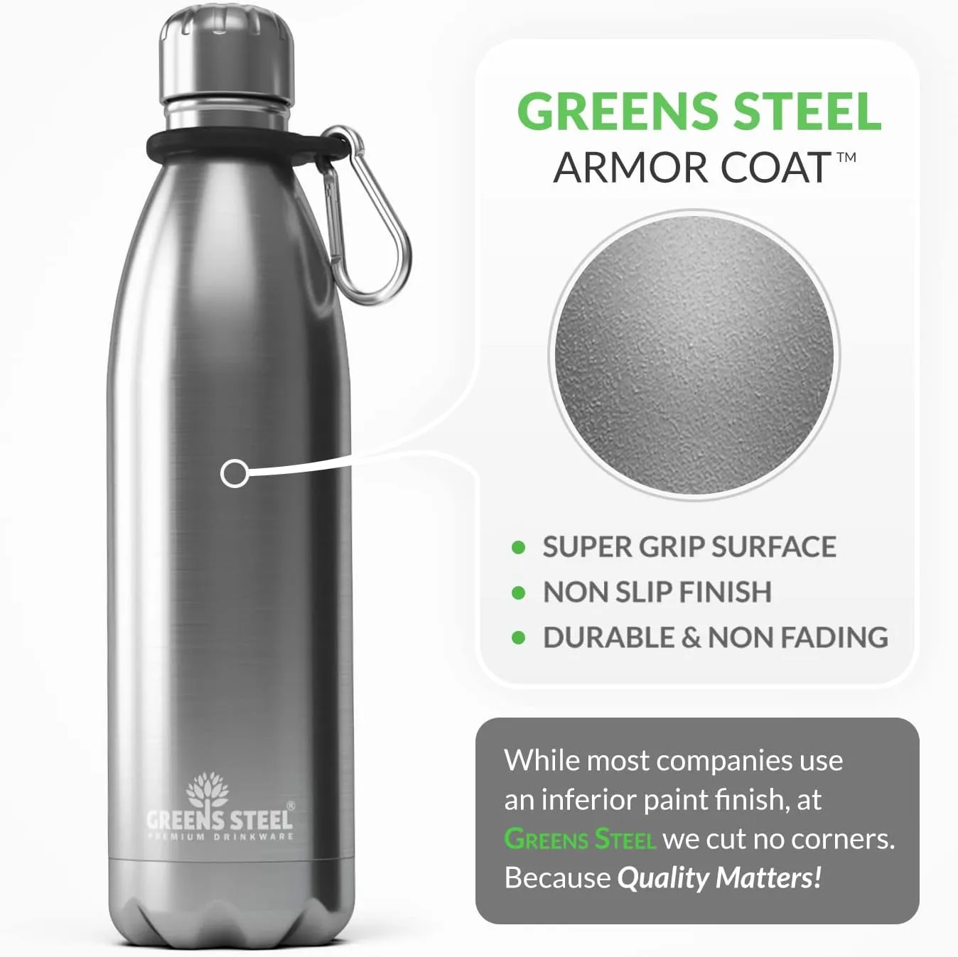 Greens Steel Stainless Steel Water Bottle - 25 oz, Steel | Vacuum Insulated Double Wall with Screw Lid/Leak Proof | Thermal Travel Sports Canteen Coffee Flask