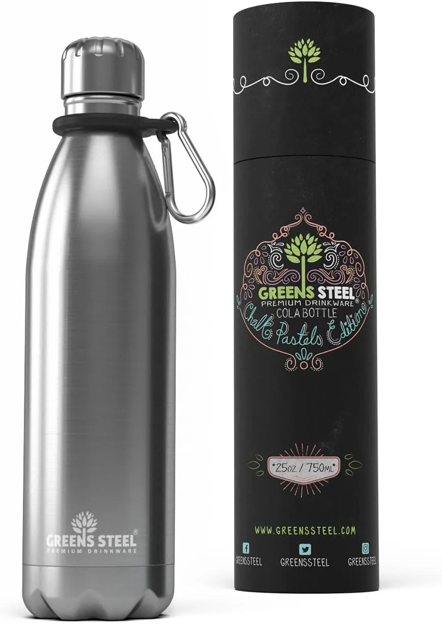 Greens Steel Stainless Steel Water Bottle - 25 oz, Steel | Vacuum Insulated Double Wall with Screw Lid/Leak Proof | Thermal Travel Sports Canteen Coffee Flask