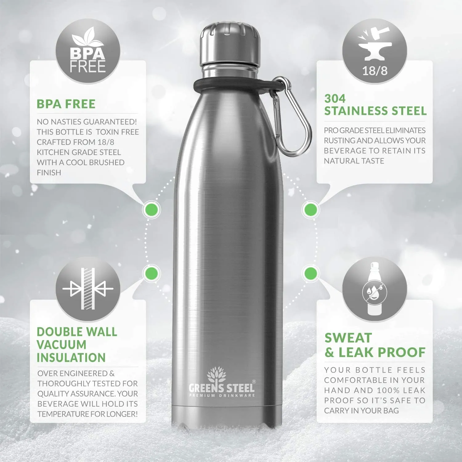 Greens Steel Stainless Steel Water Bottle - 25 oz, Steel | Vacuum Insulated Double Wall with Screw Lid/Leak Proof | Thermal Travel Sports Canteen Coffee Flask