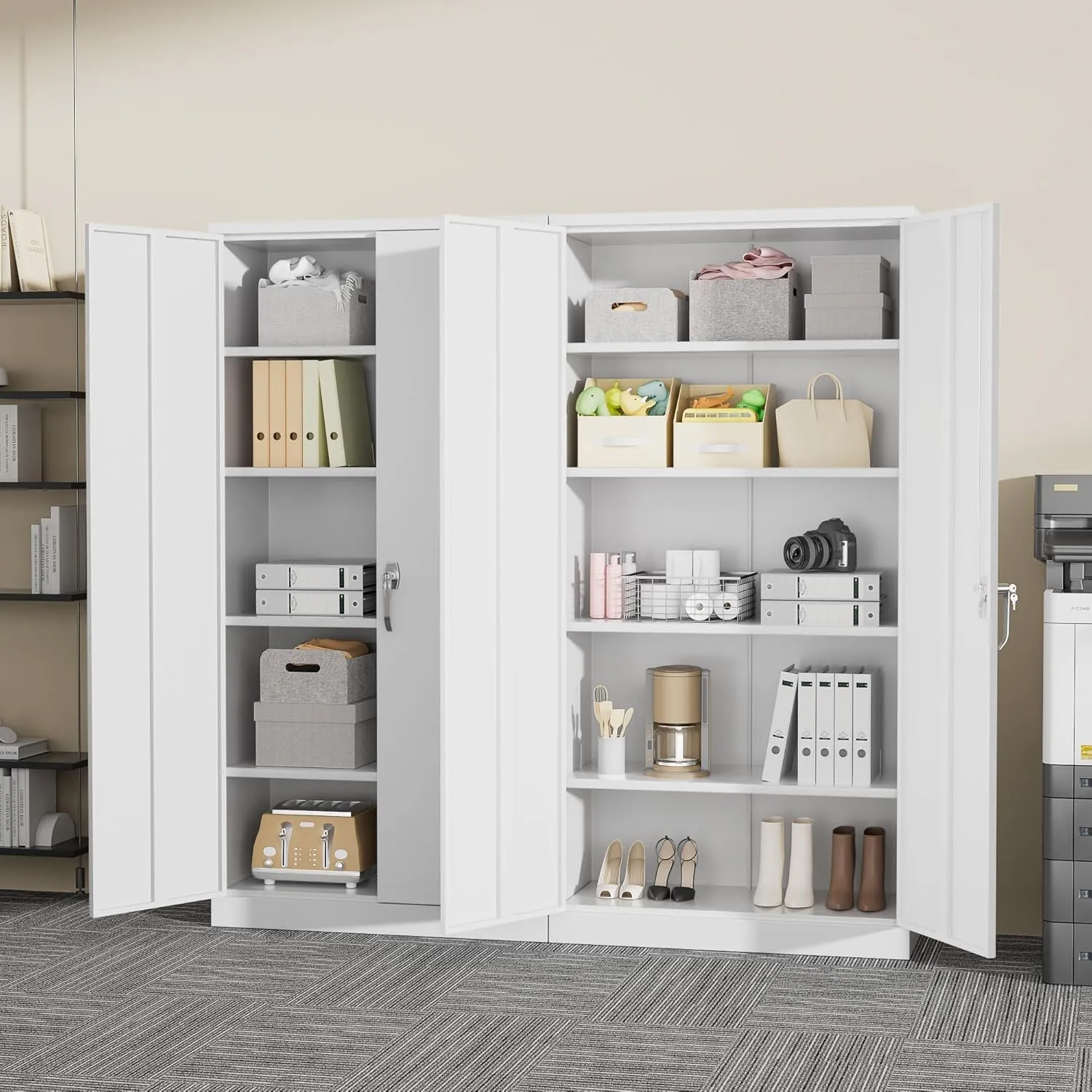 Greenvelly White Metal Cabinet, 72" H Steel Lockable Metal Storage Cabinet with 2 Doors and Adjustable Shelves,Tall Tool Organizer for Office,Home, Garage, Gym, School