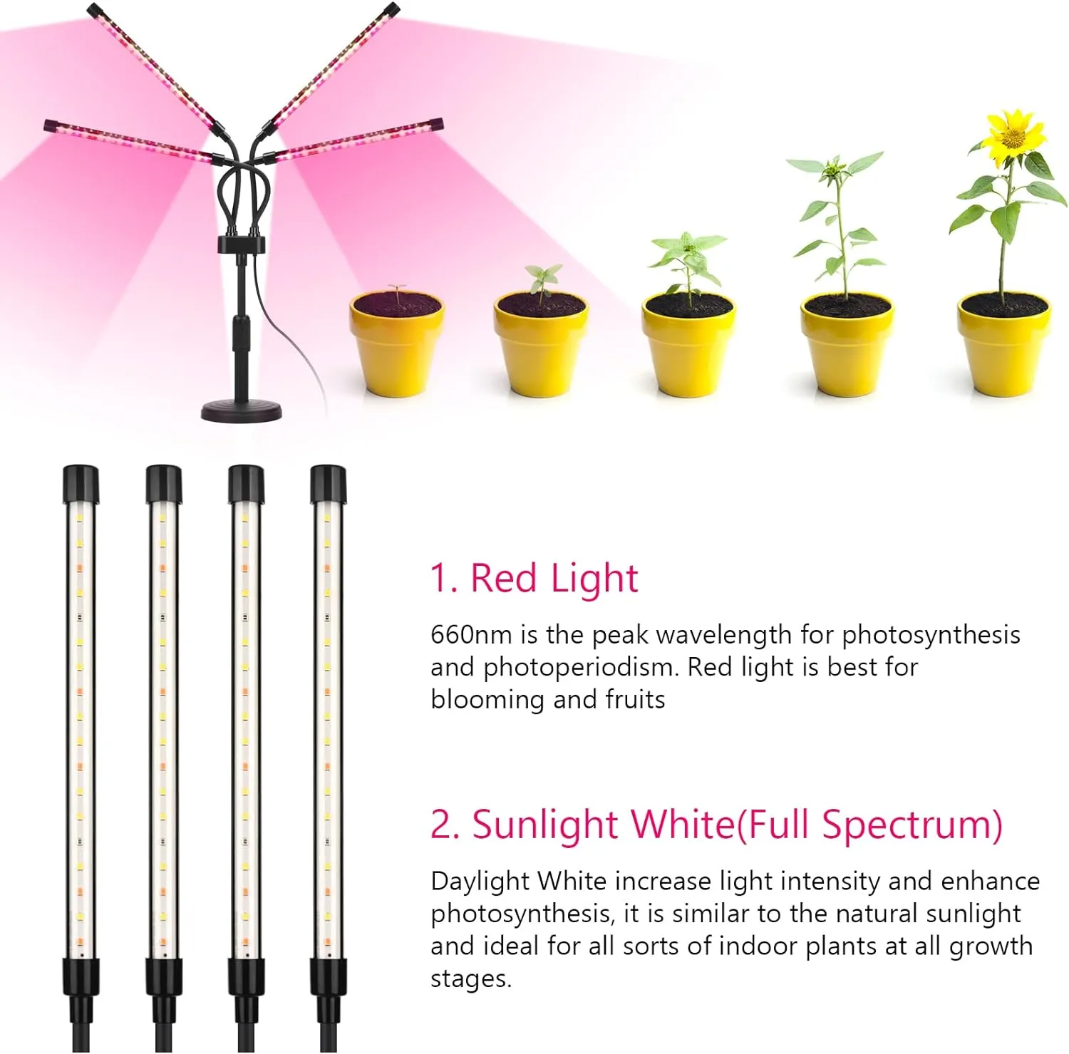 Grow Lights for Indoor Plants, Four Head LED Grow Light with Full Spectrum, Red White Spectrum for Indoor Plant Lamp, Adjustable Gooseneck, Suitable for Vegetation