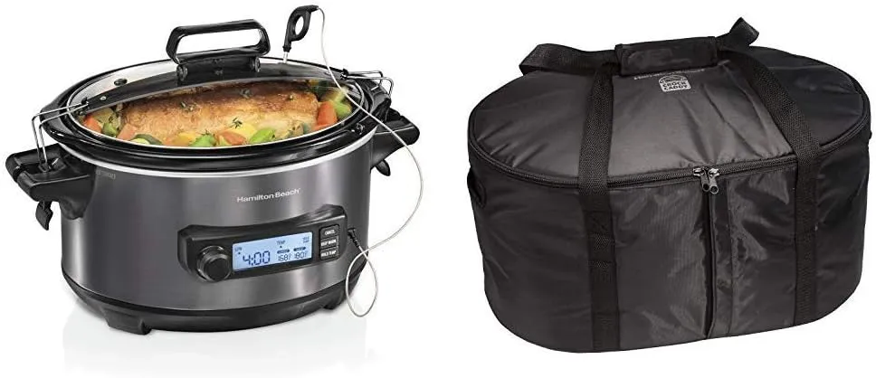 Hamilton Beach Portable 6-Quart Digital Programmable Slow Cooker With Temp Tracking Temperature Probe to Braise, (33866) and Hamilton Beach Travel Case & Carrier Insulated Bag (33002),Black