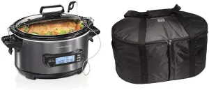 Hamilton Beach Portable 6-Quart Digital Programmable Slow Cooker With Temp Tracking Temperature Probe to Braise, (33866) and Hamilton Beach Travel Case & Carrier Insulated Bag (33002),Black