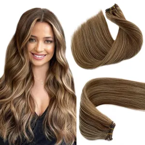Hand Tied Weft Hair Extensions Human Hair 100 Gram Invisible Sew in Hair Bundles Beaded Weft Hair Extensions Human Hair Extensions Sew in Beige Blonde Highlights Human Hair Weave Bundles Full Head 16”