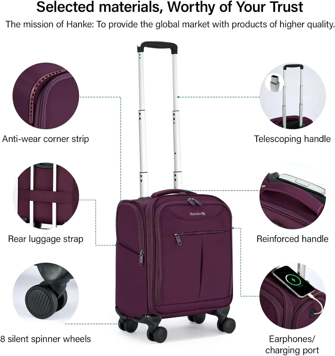 Hanke Underseat Carry On Luggage with Wheels, Lightweight Small Suitcase Airline Approved 16 Inch Softside Personal Item Travel Bag for Women Men, Compact Under Seat Luggage with Spinner Wheels,Purple