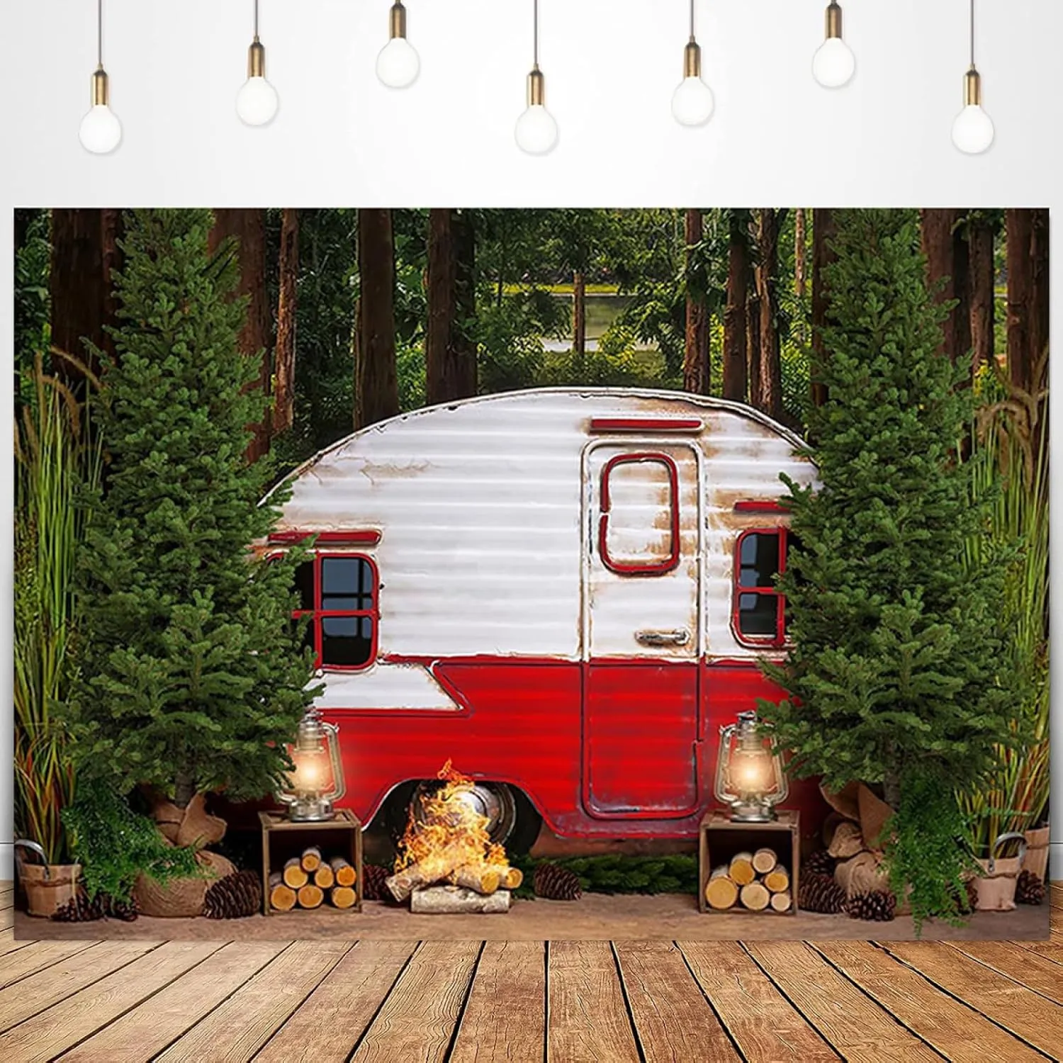 Happy Camper Backdrop for Photography Camping Adventure Awaits Background Forest Newborn Birthday Party Decorations Outdoor Camping Tent Party Cake Table Backdrop Banner,8X6FT