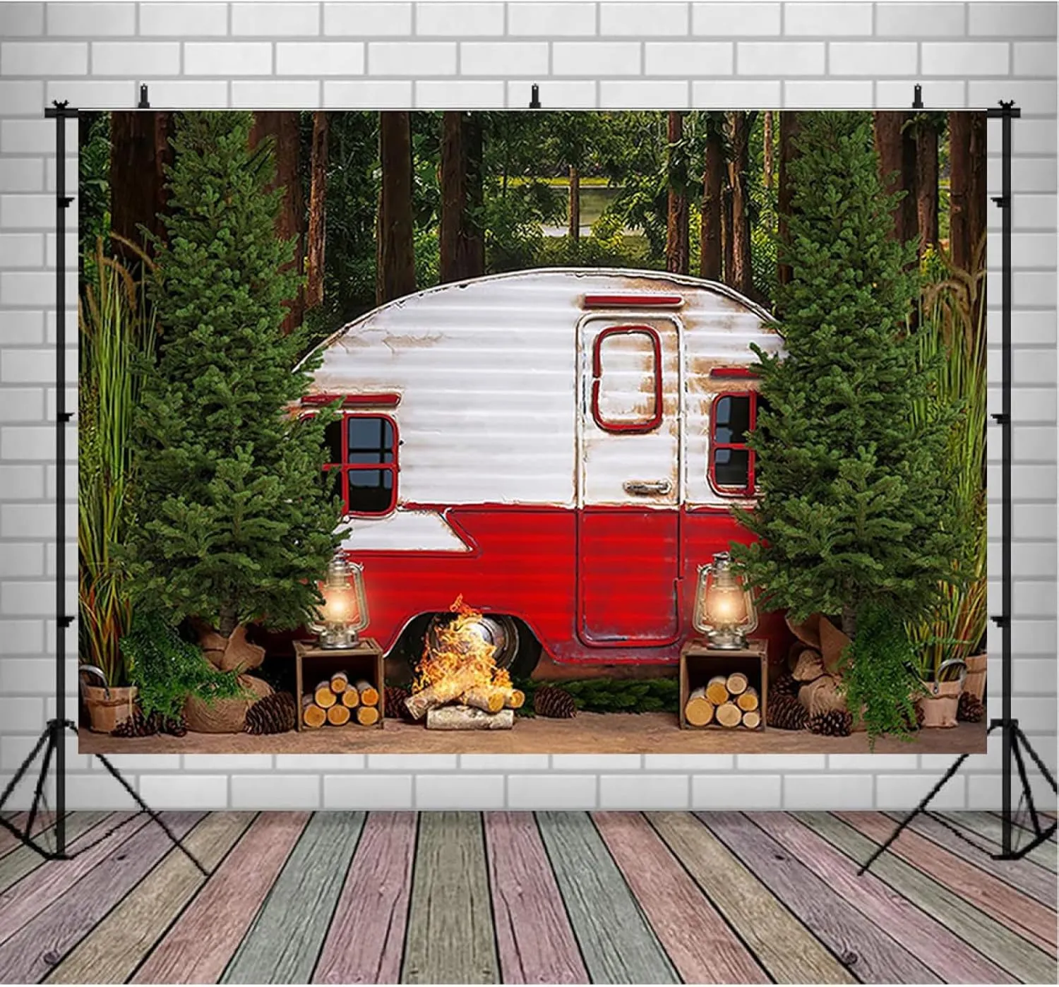 Happy Camper Backdrop for Photography Camping Adventure Awaits Background Forest Newborn Birthday Party Decorations Outdoor Camping Tent Party Cake Table Backdrop Banner,8X6FT