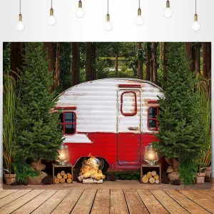 Happy Camper Backdrop for Photography Camping Adventure Awaits Background Forest Newborn Birthday Party Decorations Outdoor Camping Tent Party Cake Table Backdrop Banner,8X6FT