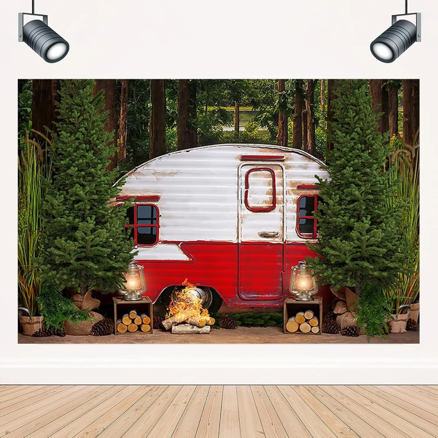 Happy Camper Backdrop for Photography Camping Adventure Awaits Background Forest Newborn Birthday Party Decorations Outdoor Camping Tent Party Cake Table Backdrop Banner,8X6FT