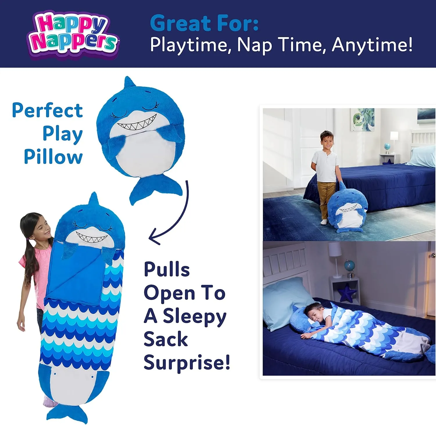 Happy Nappers Pillow & Sleepy Sack- Comfy, Cozy, Compact, Super Soft, Warm, All Season, Sleeping Bag with Pillow- Blue Shark (Large 66” x 30”)