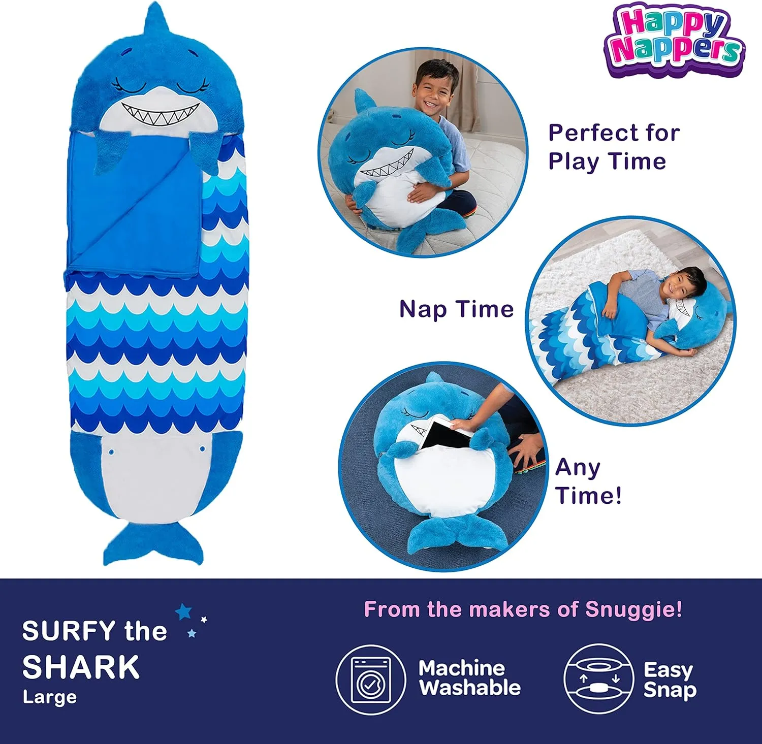 Happy Nappers Pillow & Sleepy Sack- Comfy, Cozy, Compact, Super Soft, Warm, All Season, Sleeping Bag with Pillow- Blue Shark (Large 66” x 30”)