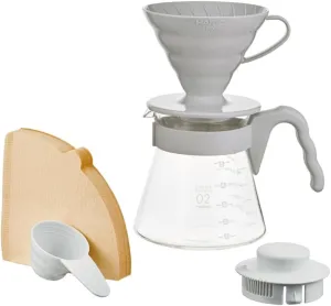 Hario V60 Pour Over Starter Set with Dripper, Glass Server, Scoop and Filters, Size 02, Pale Grey