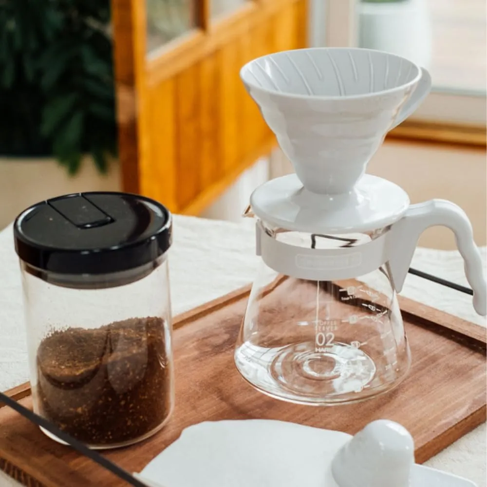 Hario V60 Pour Over Starter Set with Dripper, Glass Server, Scoop and Filters, Size 02, Pale Grey