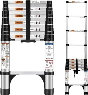 HBTower Telescoping Extension Ladder, 12.5 Ft Aluminum, Button Retraction Extension Ladder, Multi-Purpose La dder with Slow Down Design, 330lbs Max Capacity, for Household and Outdoor Working