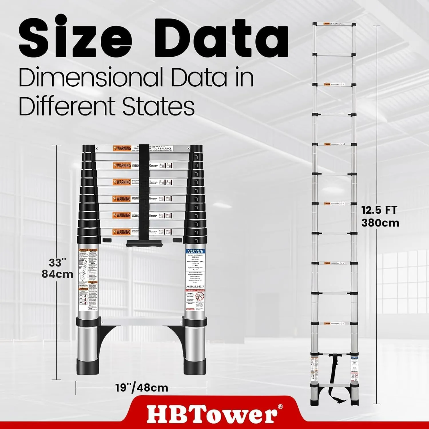 HBTower Telescoping Extension Ladder, 12.5 Ft Aluminum, Button Retraction Extension Ladder, Multi-Purpose La dder with Slow Down Design, 330lbs Max Capacity, for Household and Outdoor Working