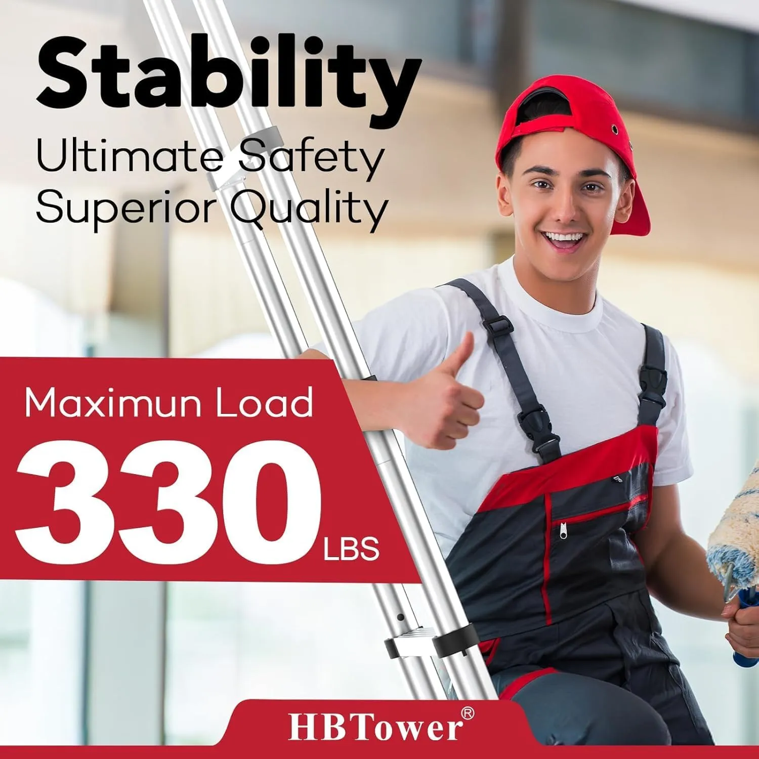 HBTower Telescoping Extension Ladder, 12.5 Ft Aluminum, Button Retraction Extension Ladder, Multi-Purpose La dder with Slow Down Design, 330lbs Max Capacity, for Household and Outdoor Working