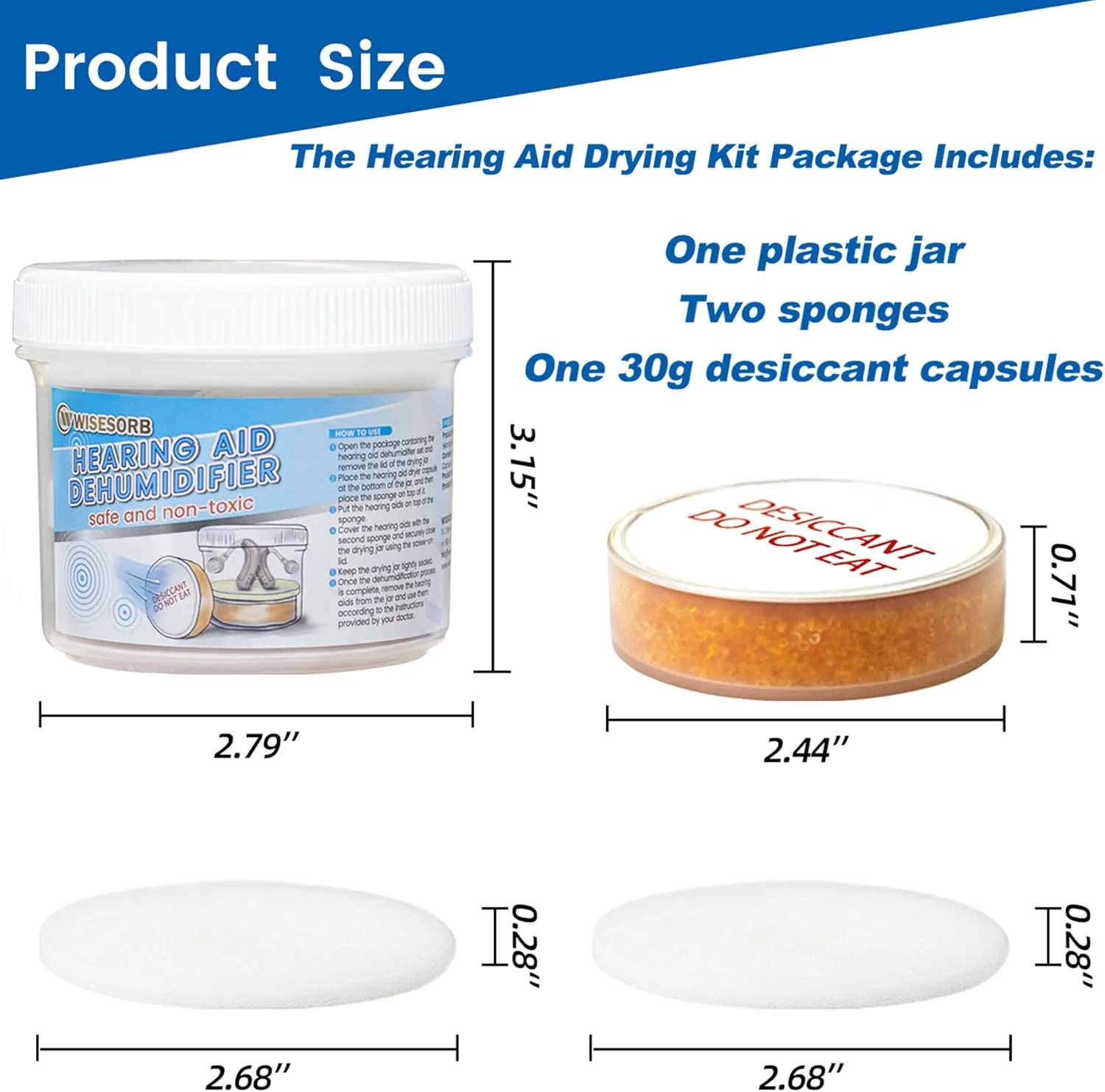 Hearing Aid Dryer, Hearing Aid Dehumidifier, Hearing Drying Jar and Dehumidifier Set (1 Container and 2pcs × 30g Capsules)