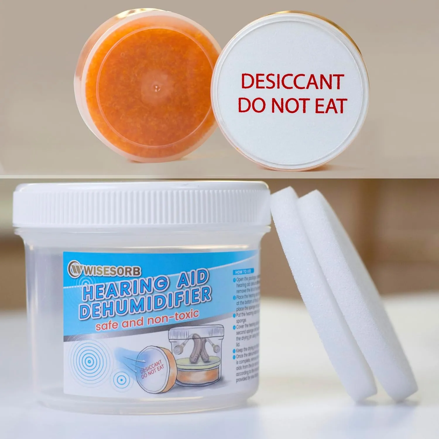 Hearing Aid Dryer, Hearing Aid Dehumidifier, Hearing Drying Jar and Dehumidifier Set (1 Container and 2pcs × 30g Capsules)