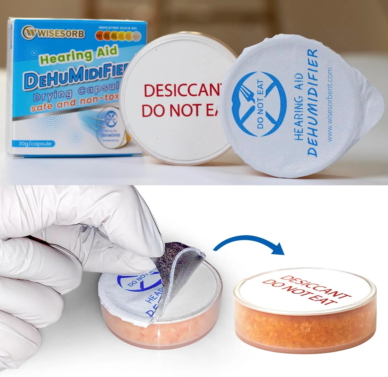 Hearing Aid Dryer, Hearing Aid Dehumidifier, Hearing Drying Jar and Dehumidifier Set (1 Container and 2pcs × 30g Capsules)