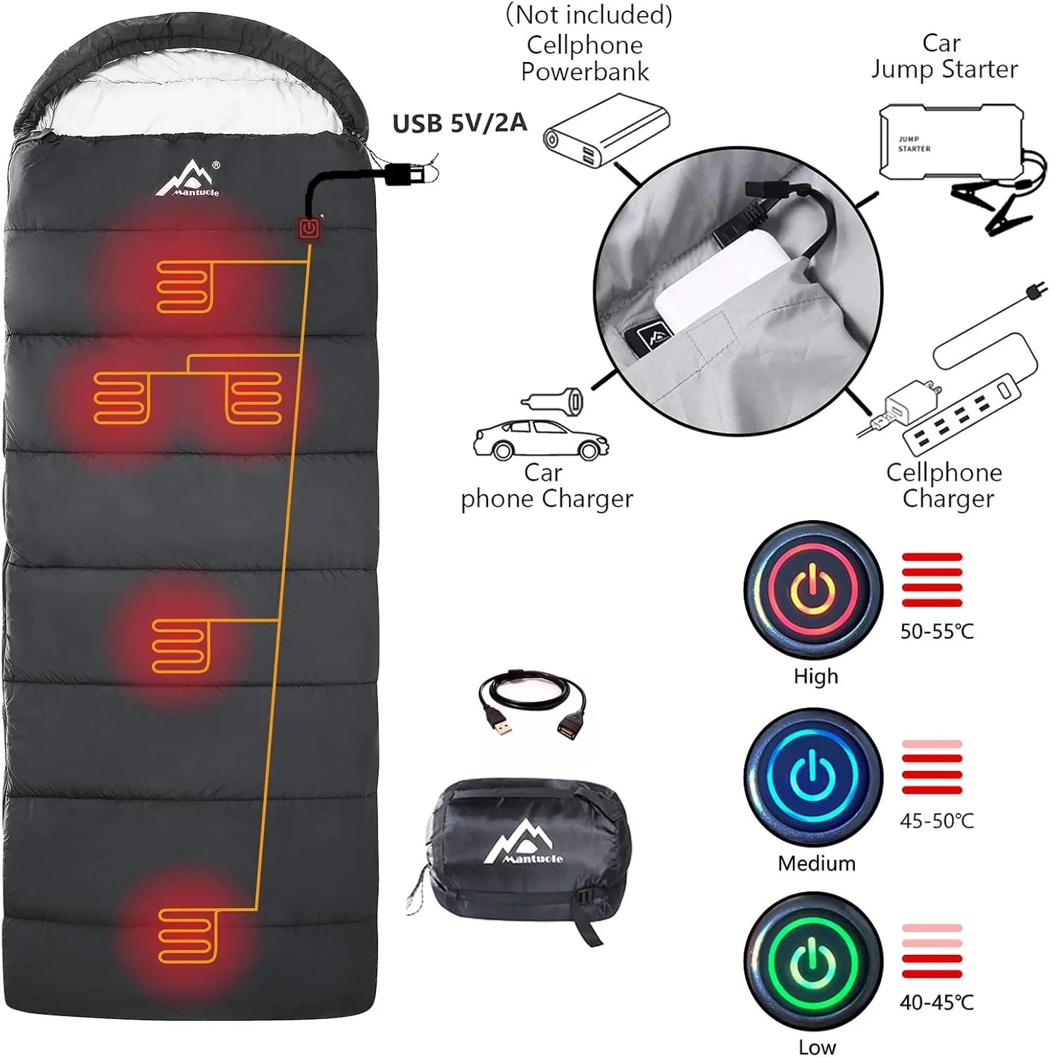 Heated Sleeping Bag - 5pcs Multi USB Power Support Heating Pads, Operated with Battery Power Bank or Other USB Supplies, Portable Compact Envelope Style Bag