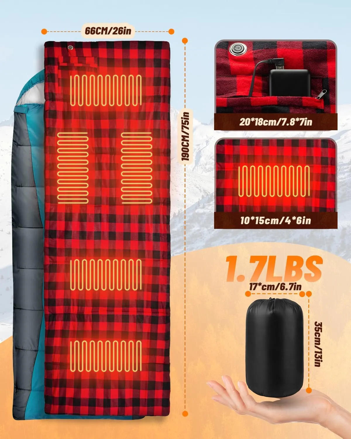 Heated Sleeping Bag Liner, 5 Heating Zones, Electirc Sleeping Bag Heater for Cold Weather Camping Backpacking or Hiking, Multi USB Power Supported (Battery NOT Included)