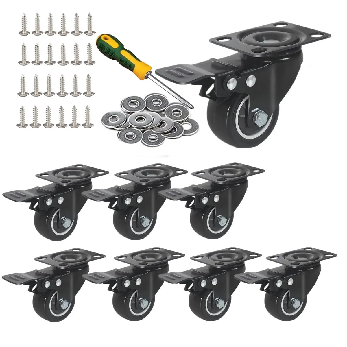 Heavy Duty 2" Swivel Casters with Brake, Locking Casters, Polyurethane Wheels - 8Pack (Black)