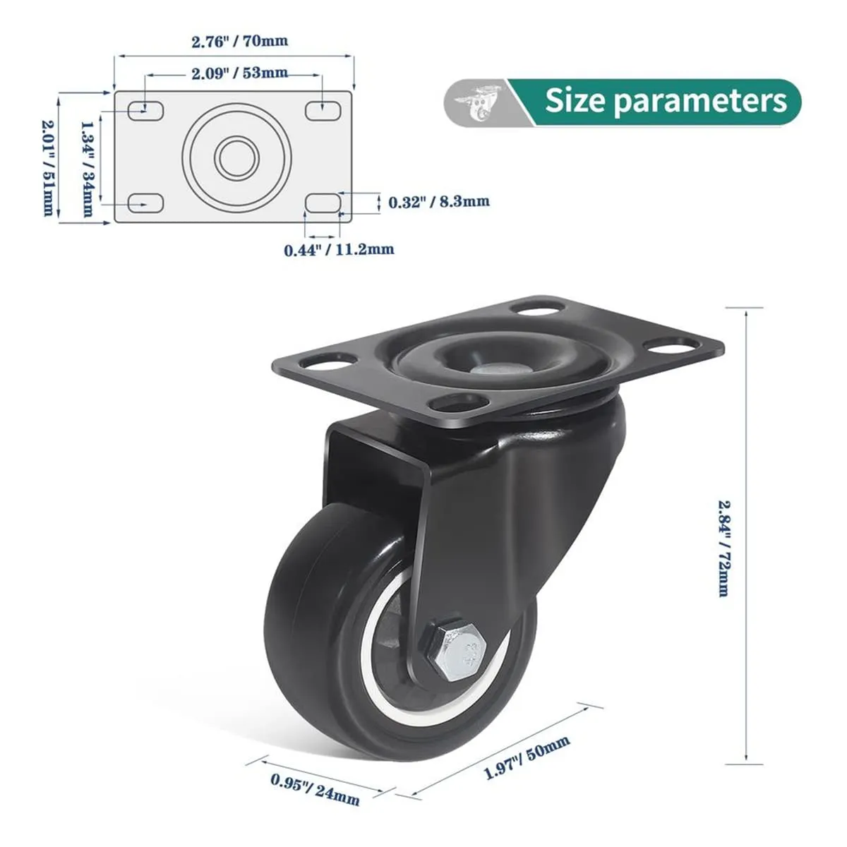 Heavy Duty 2" Swivel Casters with Brake, Locking Casters, Polyurethane Wheels - 8Pack (Black)