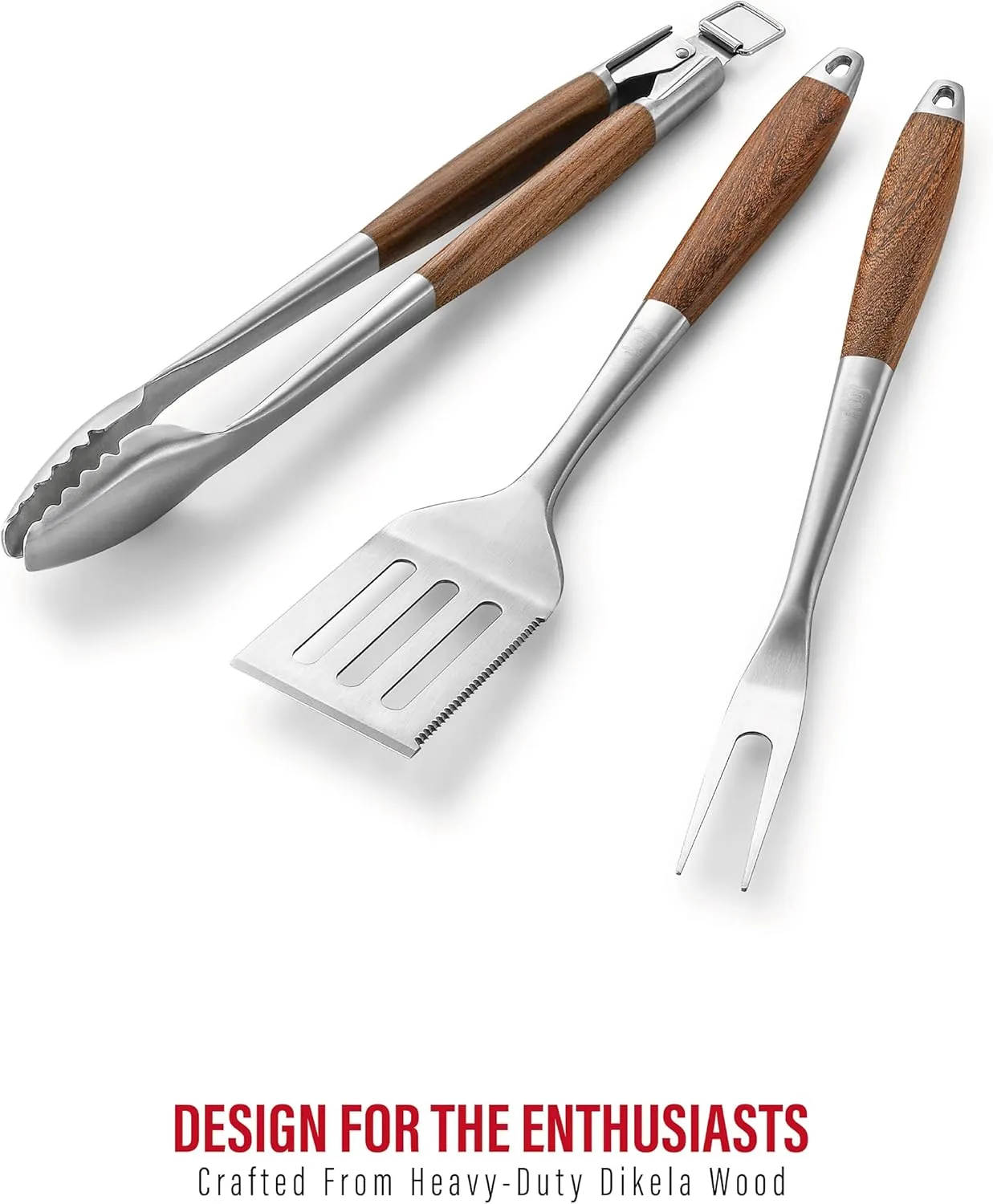 Heavy-Duty ​Dikela Wooden BBQ Grilling Tools Set. Extra Thick Stainless Steel Multi-Function Spatula, Fork & Tongs | Essential Accessories for Barbecue & Grill. Ideal Gift for Father