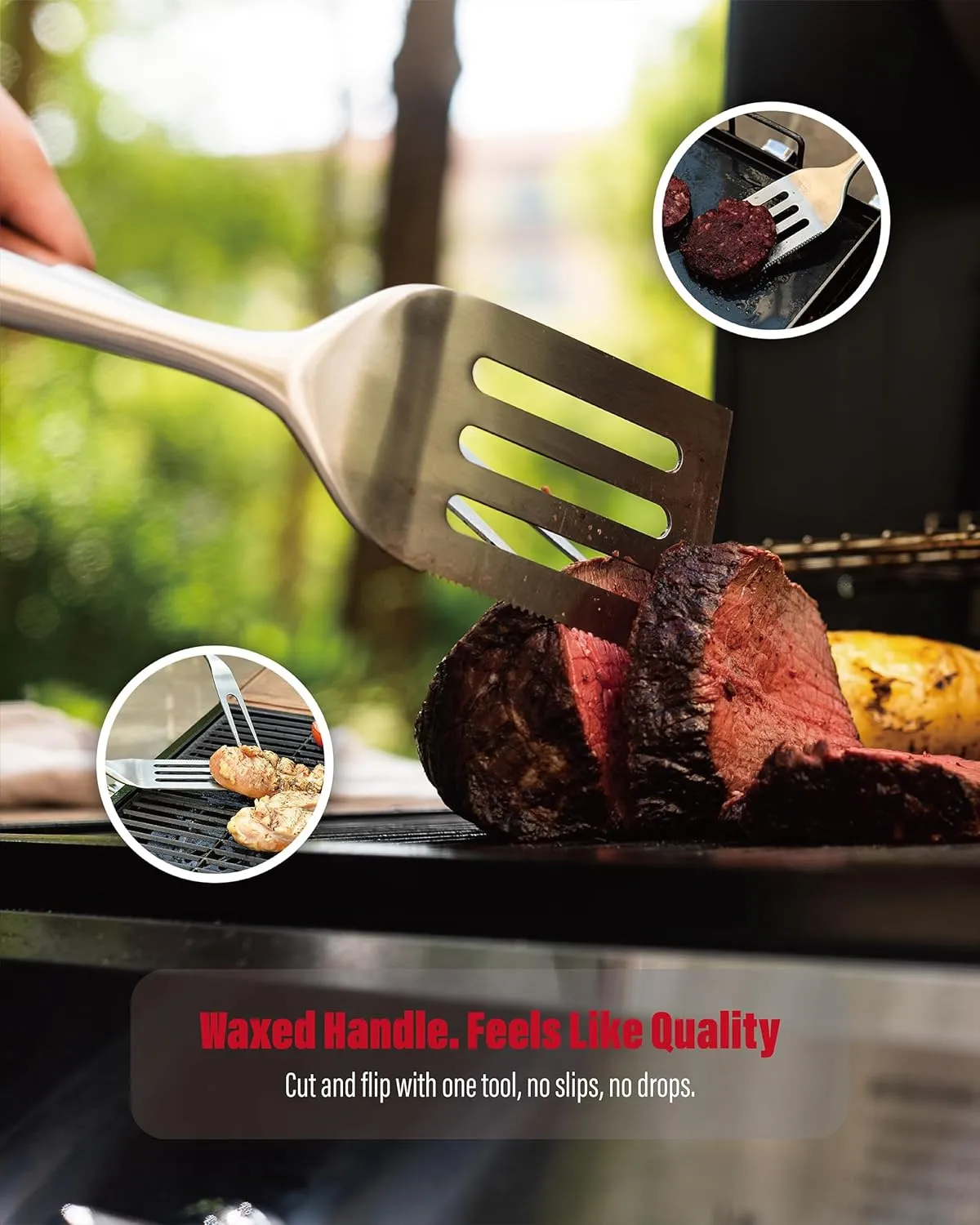 Heavy-Duty ​Dikela Wooden BBQ Grilling Tools Set. Extra Thick Stainless Steel Multi-Function Spatula, Fork & Tongs | Essential Accessories for Barbecue & Grill. Ideal Gift for Father