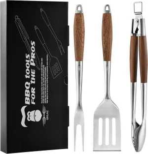 Heavy-Duty ​Dikela Wooden BBQ Grilling Tools Set. Extra Thick Stainless Steel Multi-Function Spatula, Fork & Tongs | Essential Accessories for Barbecue & Grill. Ideal Gift for Father